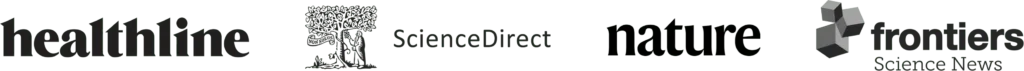 Healthline logo, ScienceDirect logo, Nature journal logo e Frontiers Science News logo.