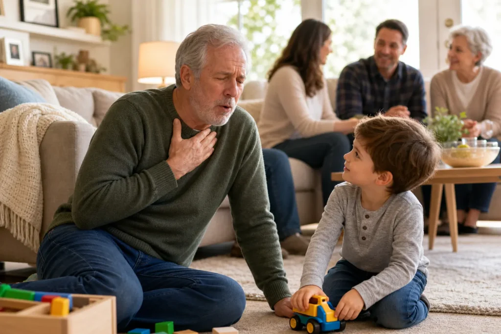 grandfather coughing during family time at home, struggling to keep up with grandchildren due to persistent chest congestion