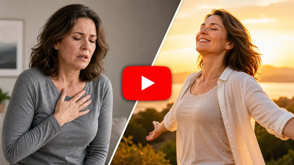 woman experiencing chest tightness and difficulty breathing on the left, and the same woman breathing freely outdoors on the right — play button to watch the free presentation