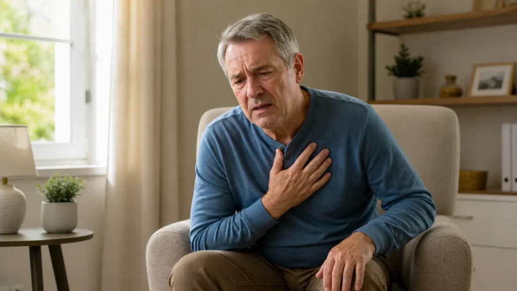 older man sitting at home pressing his hand to his chest due to chest congestion and difficulty breathing