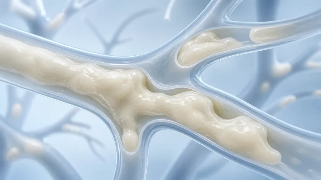 microscopic mucus nets forming a web-like network that traps and blocks airflow in the airways