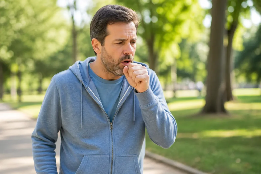 man coughing outdoors, experiencing early signs of persistent throat irritation and congestion