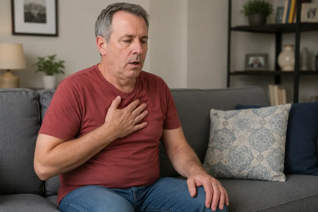 middle-aged man sitting on the couch at home, hand on his chest, visibly short of breath and struggling with chest tightness