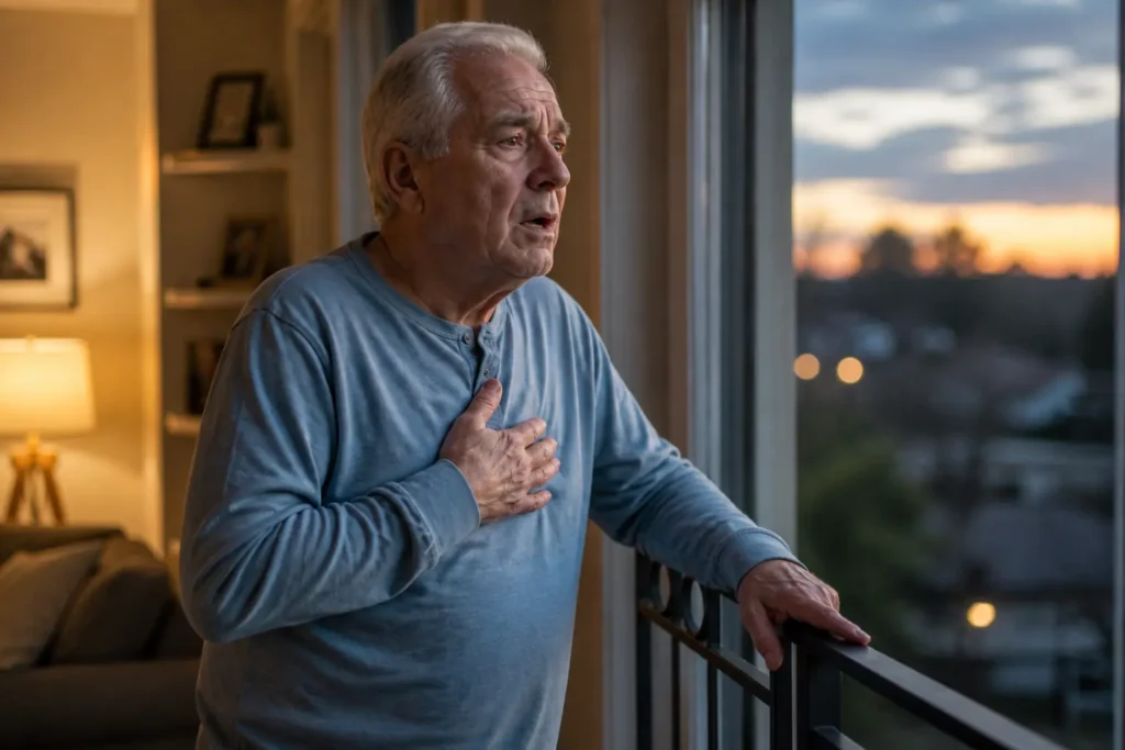 elderly man standing alone at night pressing his hand to his chest, feeling exhausted and isolated due to chronic breathing difficulties