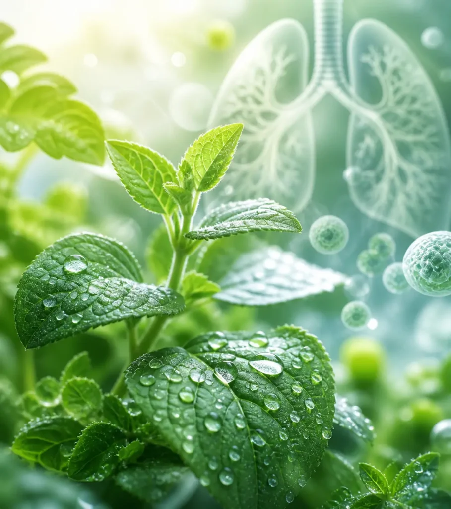fresh green herbs and a glowing lung illustration representing natural ingredients that support respiratory health and help clear mucus from the airways