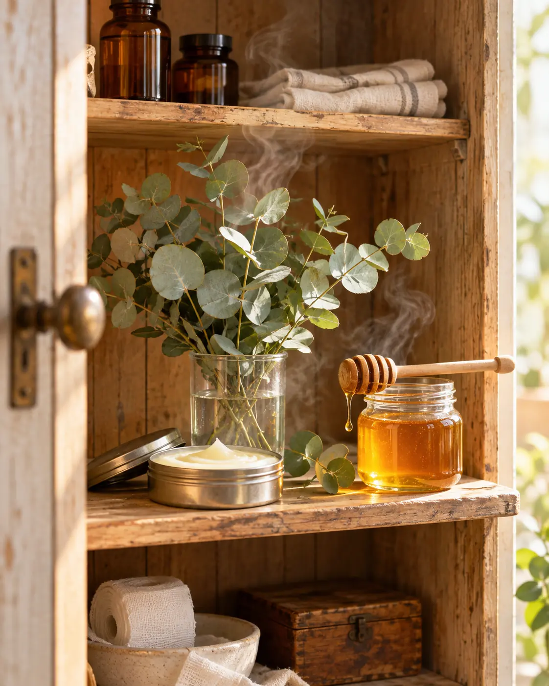 Old medicine cabinet with a chest balm, raw honey and fresh eucalyptus, natural compounds discussed for clearing mucus from the lungs