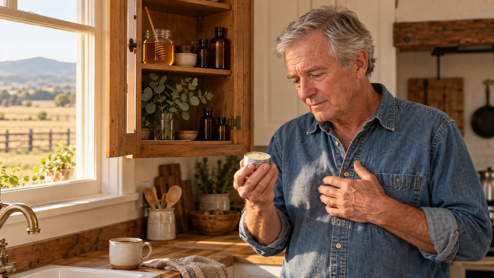 Older man looking at a chest balm from his medicine cabinet, honey and eucalyptus beside it, natural ways to clear mucus from lungs