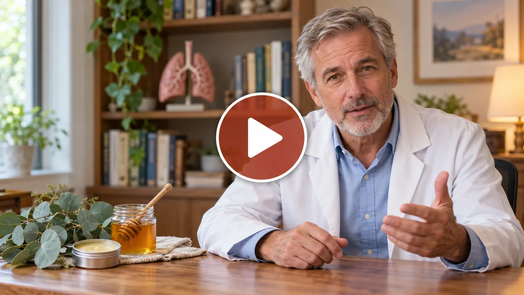 Doctor explaining a simple morning ritual with a chest balm, raw honey and eucalyptus, free video on how to clear mucus from lungs naturally