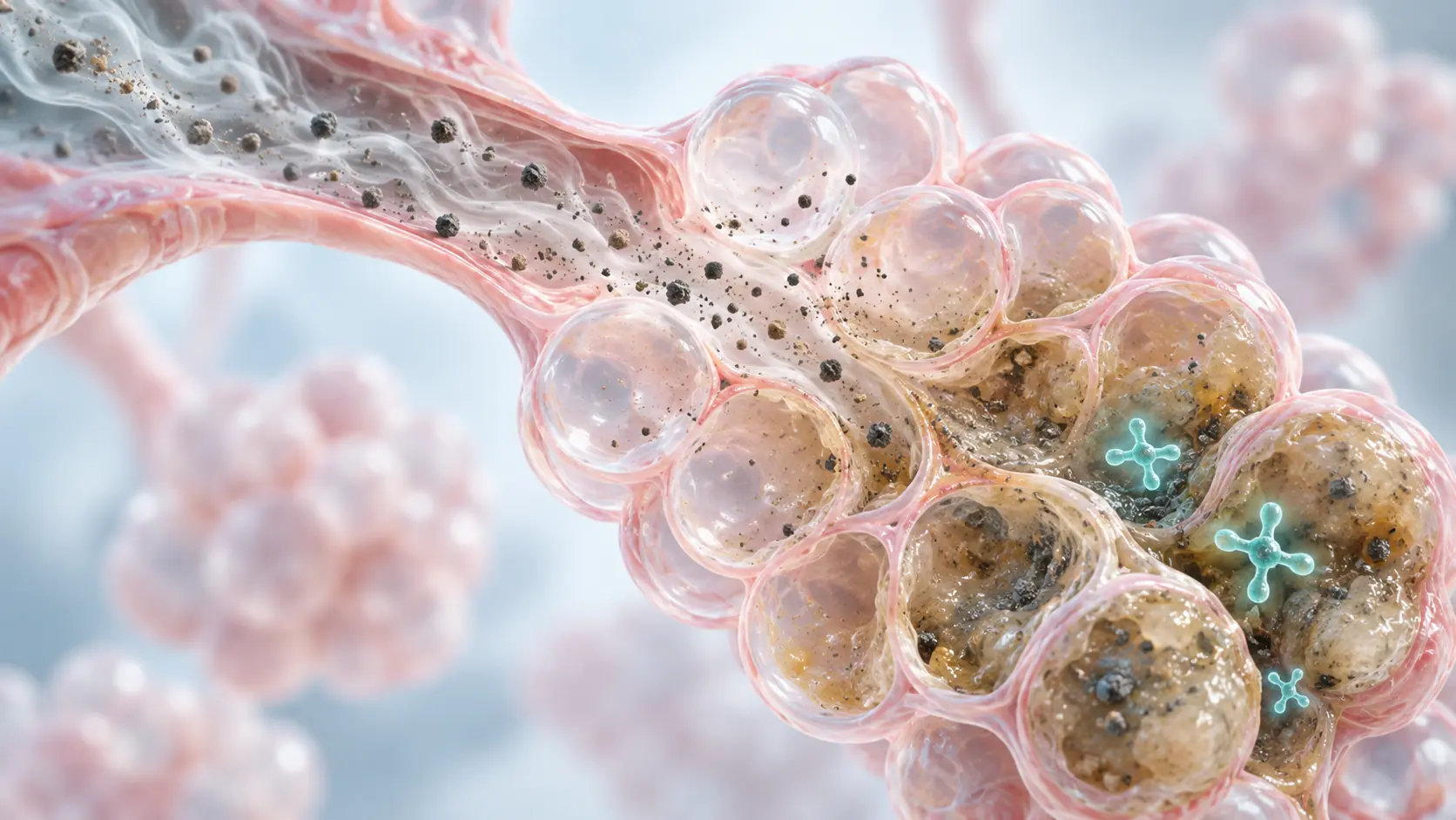 Smoke and dust particles settling as sticky residue inside lung air sacs, showing how mucus buildup clogs the airways